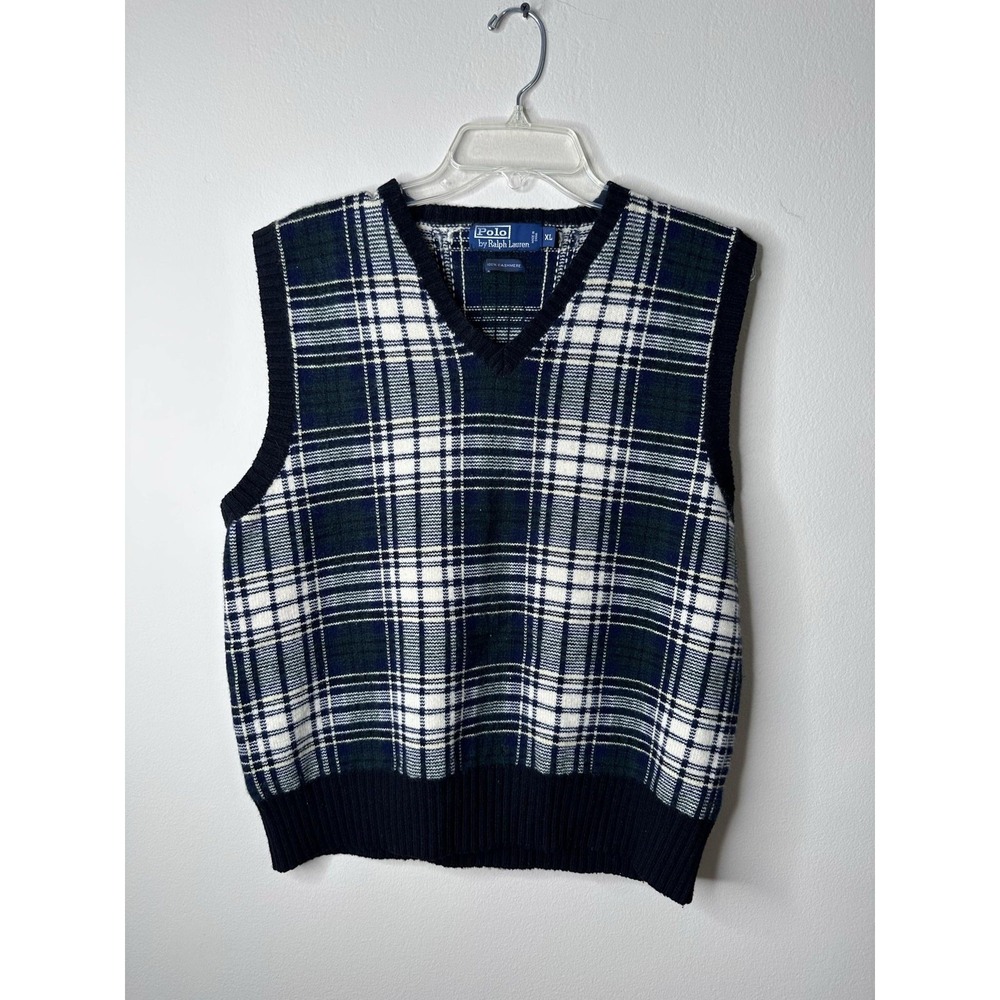 Polo By Ralph Lauren Sweater Vest Womens XL Blue Plaid 100% Cashmere V-Neck
